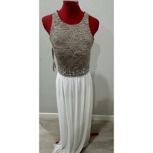 Lace Bodice Maxi Dress, Rhinestone‎ Embellished Waist, Sleeveless Formal Gown